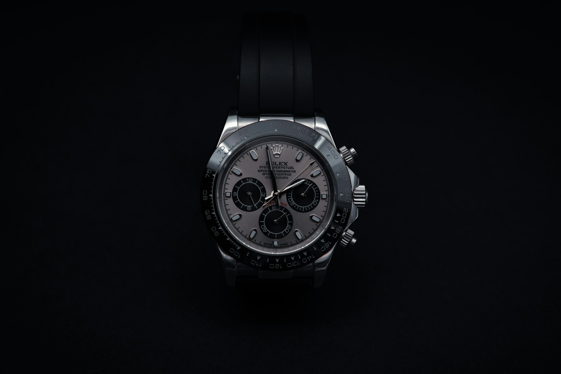 Editorial photograph of a watch against a black background